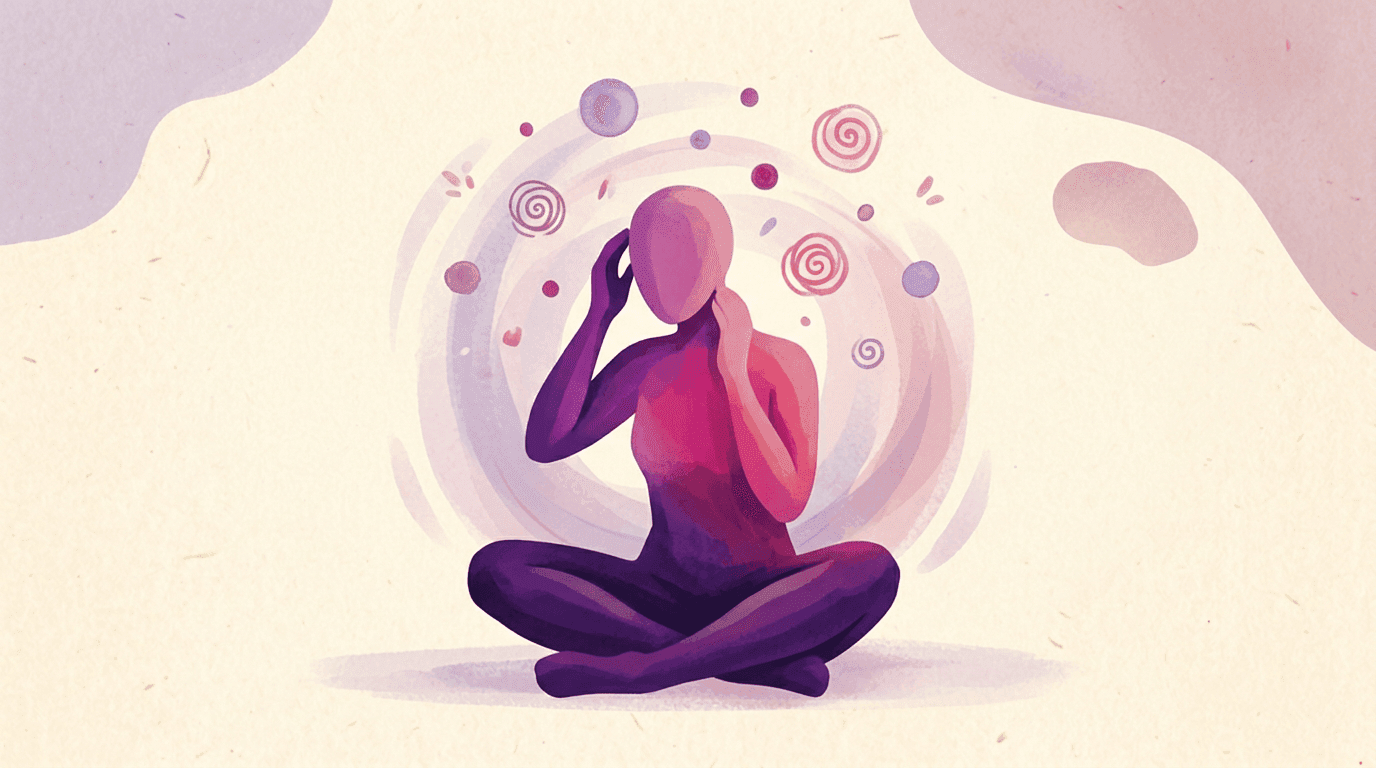 Stylizowana purpurowa figura siedzi po turecku z dłońmi przy głowie, dookoła krążą gęste myśli, spirale i znaki zapytania w fioletach i różach — ilustracja objawów lękowego stylu przywiązania